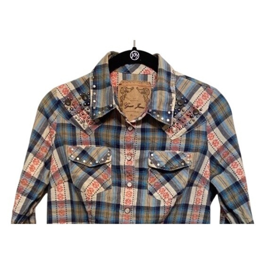 Guess Jeans Studded Plaid Western Shirt Dress Long Sleeve‎ Pearl Snap Womens XS